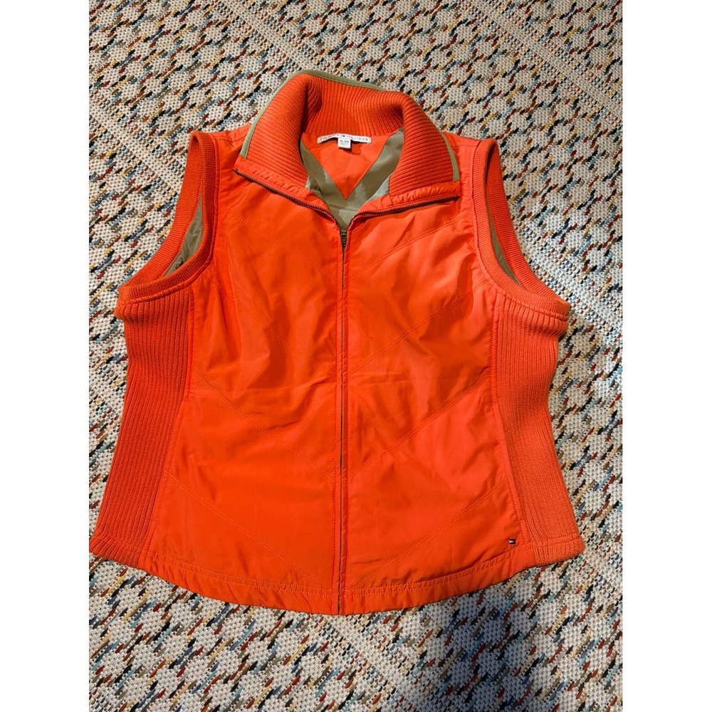Tommy Hilfiger Mens Orange Quilted Puffer Vest Ribbed Knit Trim XL Zip Up